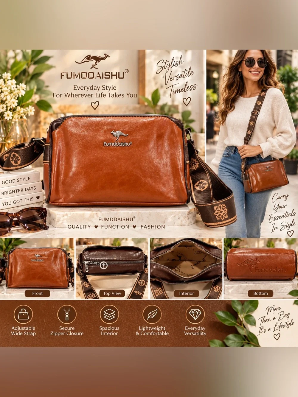 FUMDDAISHU Cognac/Caramel Crossbody Shoulder Bag Wide Patterned Strap Unisex NWT